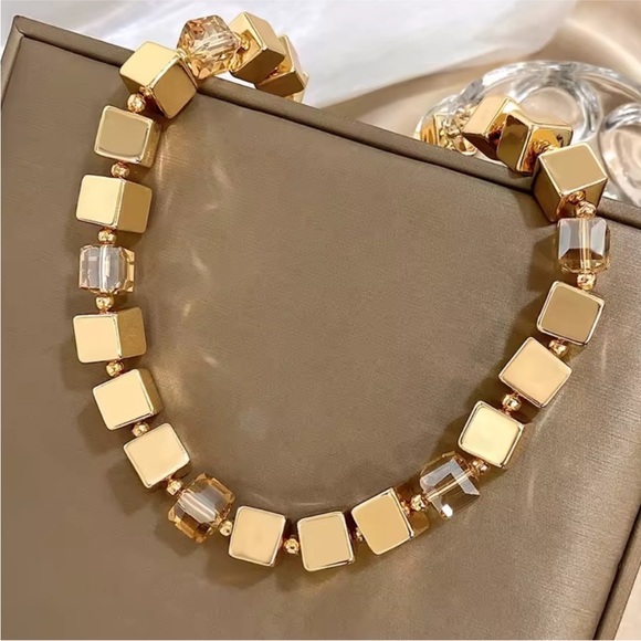 Anthropologie Jewelry - Luxury Cube Gold and Crystal Necklace